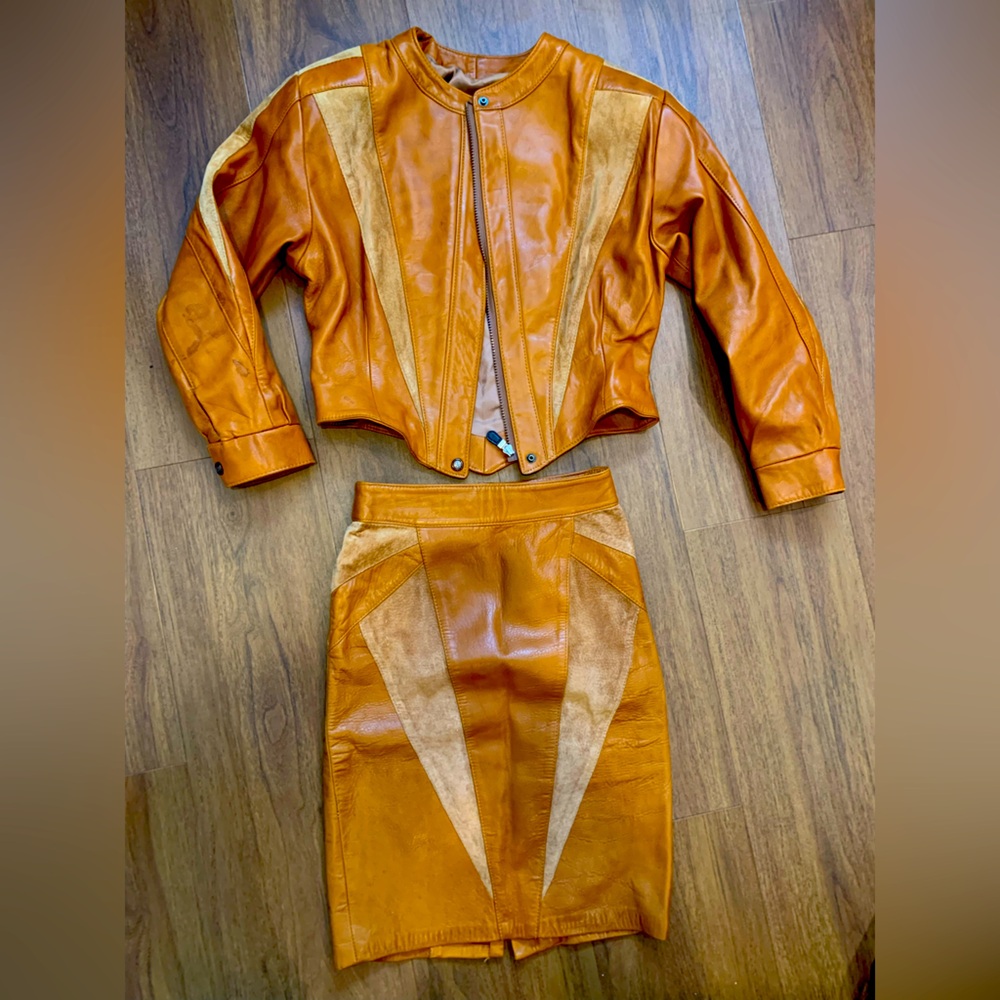 Leather jacket and skirt - caramel color, size 7, pretty small waist